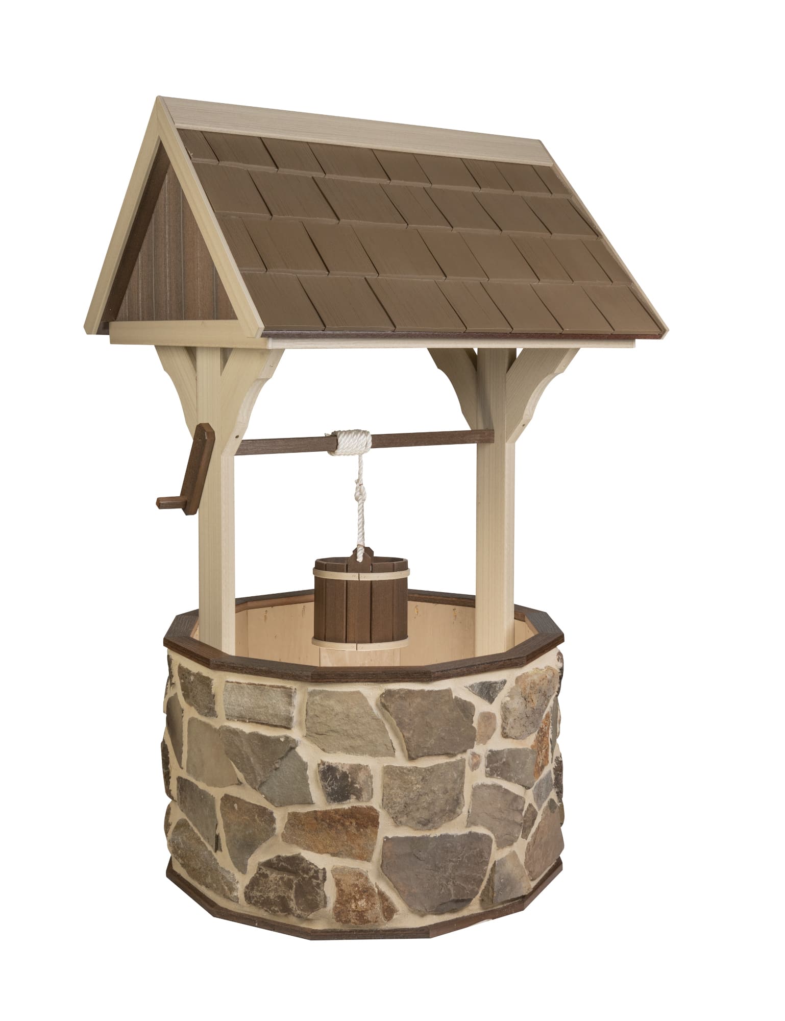 Amish handcrafted stone & poly wishing well with poly shake roof.