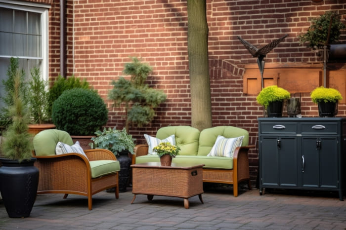 Patio with planters, furniture, and othe routdoor living accessories.